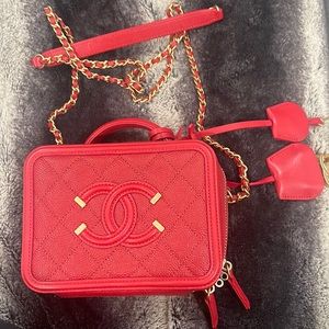 Chanel mini Red Caviar Leather Quilted Small CC Vanity Case Crossbody Bag